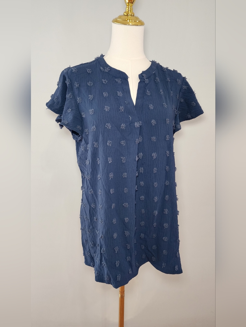 MEROKEETY Ruffle Blouse Short Sleeve Swiss Dot Flowy Casual Top Navy Blue Size M